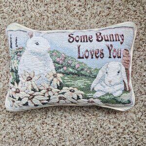 Vintage Tapestry Pillow "Some Bunny Loves You" Rabbit Spring Cottagecore 12"x8"